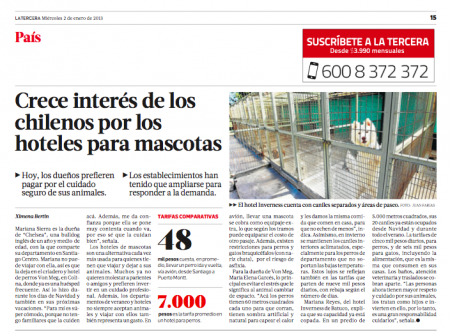 La Tercera Artículo-Entrevista a Maria Elena Garcés sobre el Hotel de perros VonMeg